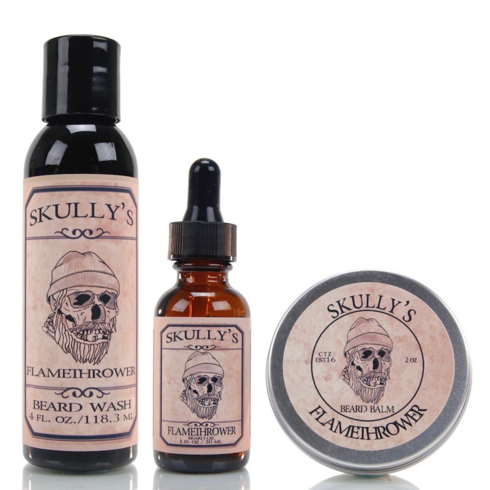Beard Care Kit for Men - Beard Growth Oil, Beard Balm and Beard Wash for Men (Cinnamon and Clove Scented - Flamethrower Fragrance) by Skully\'s Beard Oil