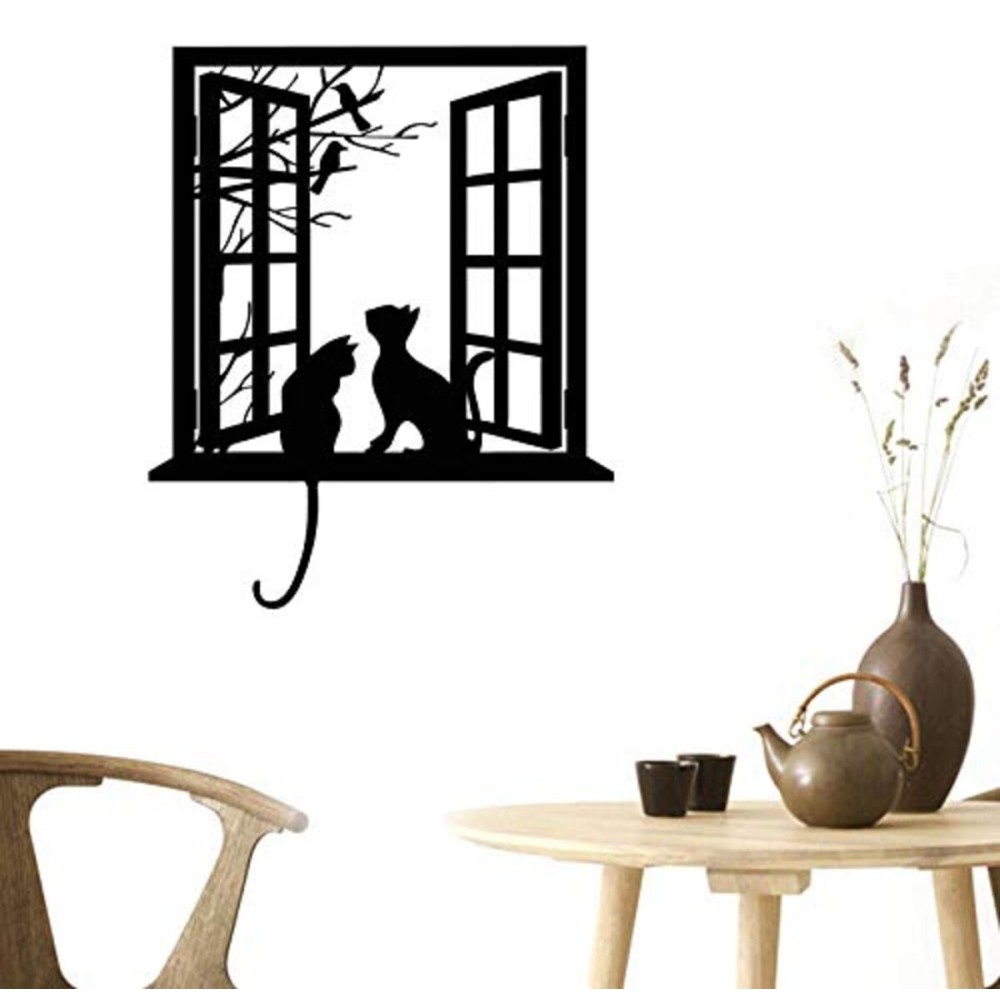 BIBITIME Tree Branch Fake Window Black Cats Wall Art Stickers for Bedroom Living Room Coffee Shop Vinyl Decals Nursery Bedroom Kids Room Decor 16.92 in x 20.47 in