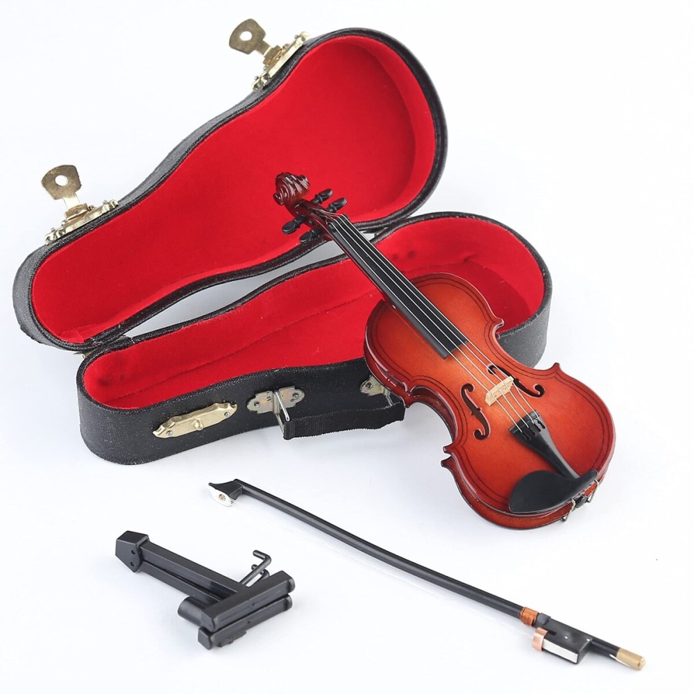 Dselvgvu Wooden Miniature Violin with Stand, Bow and Case Mini Musical Instrument Violin Replica Collectible Figurines Dollhouse Accessories Model Home Decoration Display Ornament (5.63x2.05x0.75)