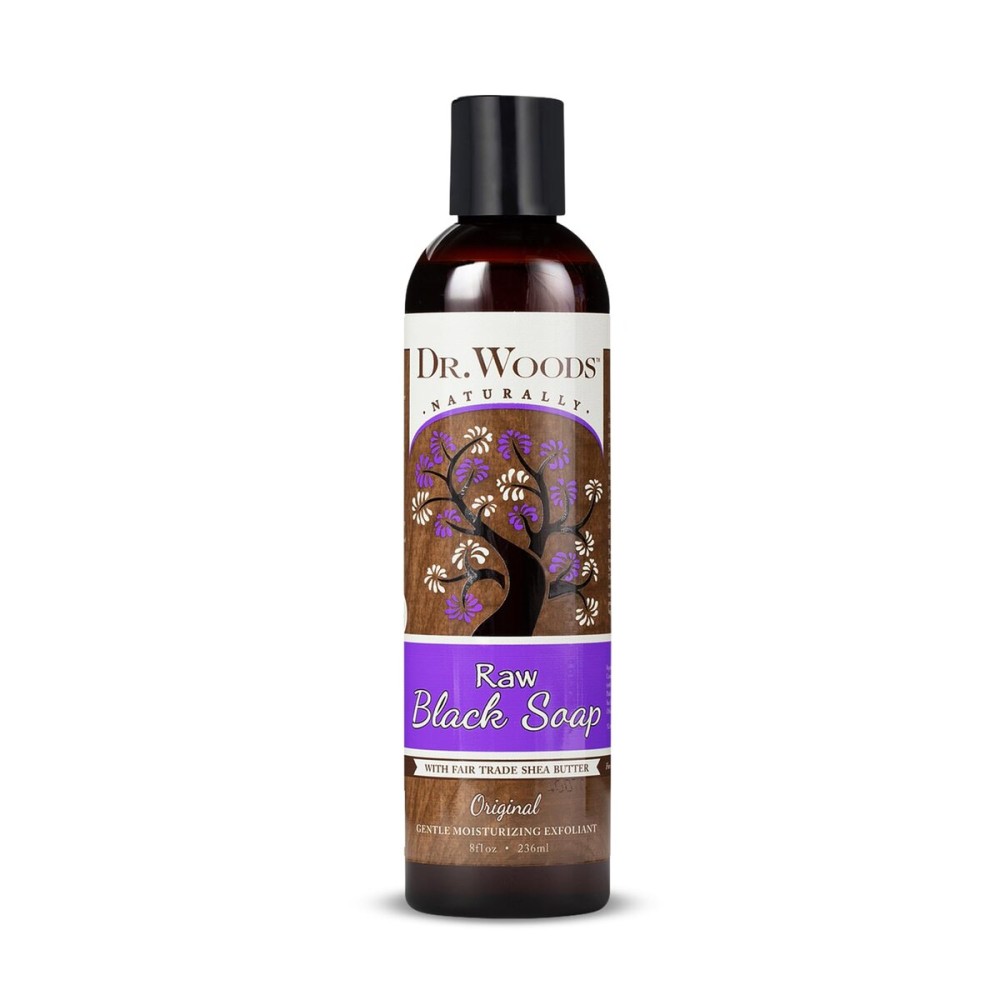 Dr. Woods Raw African Liquid Black Soap - Body Wash for Men and Women, Contains Organic Shea Butter, Gentle Exfoliant, Natural Cleanser for Face, Hands, and Body - 8 Fl Oz