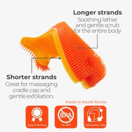 Innobaby Bathin\' Smart Silicone Bath Scrub for Babies Toddlers and Adults in Double Sided Sensory Fish Shape, Gently Exfoliate Face and Body, Made with Quick-Dry Food Grade Silicone- Orange/Yellow