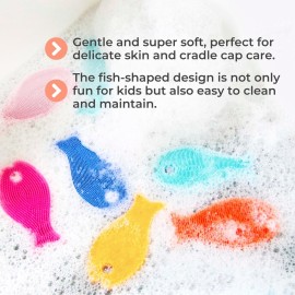 Innobaby Bathin\' Smart Silicone Bath Scrub for Babies Toddlers and Adults in Double Sided Sensory Fish Shape, Gently Exfoliate Face and Body, Made with Quick-Dry Food Grade Silicone- Orange/Yellow
