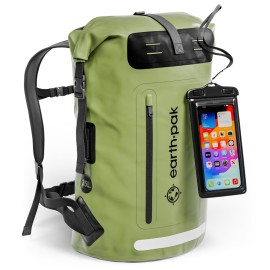 Earth Pak Waterproof Backpack - Heavy Duty Hiking Backpack - Roll-Top Closure Bag - Cushioned Dry Bag Waterproof Phone Case