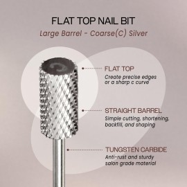 PANA Professional 3/32 Shank Size - Flat Top Large Barrel Silver Carbide Bit Coarse Grit - Nail Drill Bit for Dremel Machine