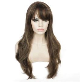 Aimole Women\'s Wig Long Straight Layered Wig Brown with Blonde Highlights Synthetic Wigs 24 Inches