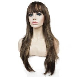Aimole Women\'s Wig Long Straight Layered Wig Brown with Blonde Highlights Synthetic Wigs 24 Inches