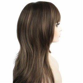 Aimole Women\'s Wig Long Straight Layered Wig Brown with Blonde Highlights Synthetic Wigs 24 Inches