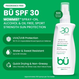 Bu SPF 30 Ultrafine WOWmist Sunscreen Spray - Clear, Non Greasy, Non Toxic, Non Comedogenic. Sweat & Water-Resistant. Travel, Sport, Sensitive Skin (Fragrance-Free, 3.3 oz)