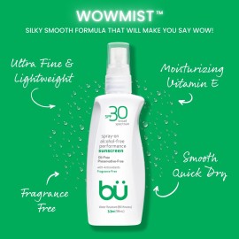 Bu SPF 30 Ultrafine WOWmist Sunscreen Spray - Clear, Non Greasy, Non Toxic, Non Comedogenic. Sweat & Water-Resistant. Travel, Sport, Sensitive Skin (Fragrance-Free, 3.3 oz)