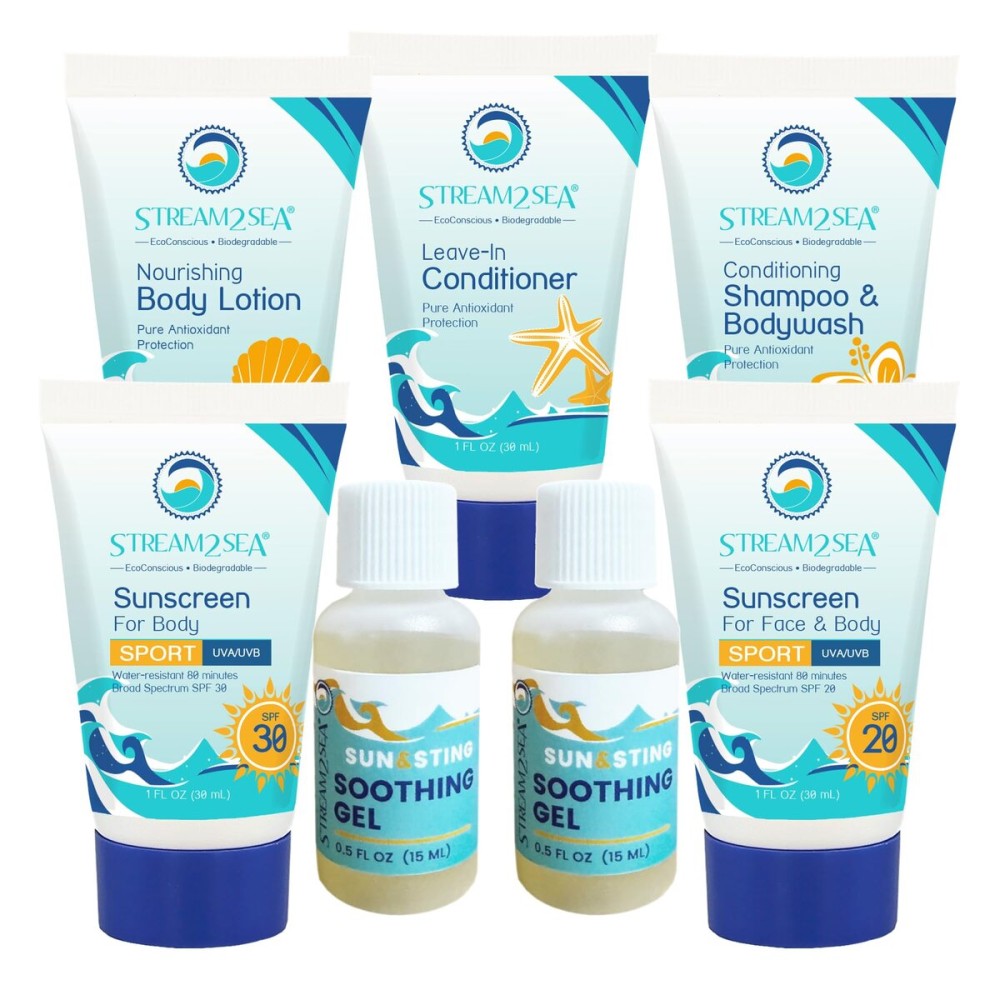 STREAM 2 SEA 6 Pack Natural Travel Sized Toiletries, 1oz Paraben Free Sample Size Shampoo, Conditioner, Lotion, Mineral Sunscreen SPF 20 and SPF 30 and After Sun Gel STREAM 2 SEA 6 Pack Natural Travel Sized Toiletries, 1oz Paraben Free Sample Size Shampoo, Conditioner, Lotion, Mineral Sunscreen SPF 20 and SPF 30 and After Sun Gel