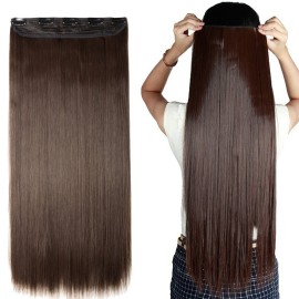 S-noilite Trendy Medium Brown 30 Straight Curly 3/4 Full Head One Piece 5clips Clip in Hair Extensions Long Poplar Style for Xmas Gifts