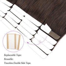 ABH AmazingBeauty Tape in Hair Extensions Human Hair Semi-permanent Tape Attached Real Remy Tape ins 50g 20pcs Invisible Seamless Reusable Skin Weft Dark Brown Color 2 16 Inch