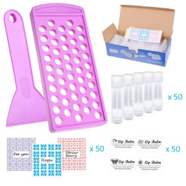 Lip Balm Filling Tray and Spatula - BPA Free - 50 Empty Lip Balm Tubes with Caps (Clear) - 3/16 Oz (5.5 ml) - 50 Writeable and 50 Printed Stickers - Make Natural Lip Balm - DIY