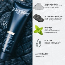 Blackwood For Men Cooling Clay Face Wash - Activated Charcoal, Menthol, & Tanakura Clay Cleanser & Mask for Deep Cleansing & Acne Treatment - Sulfate Free, Paraben Free, & Cruelty Free (4.23 oz)