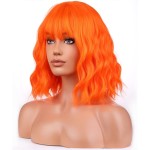BERON Orange Wigs for Women Short Curly Girls Neon Orange Wig Womens Bright Colored 12 Wavy Bob Heat Resistant Synthetic Hair Wig with Wig Cap