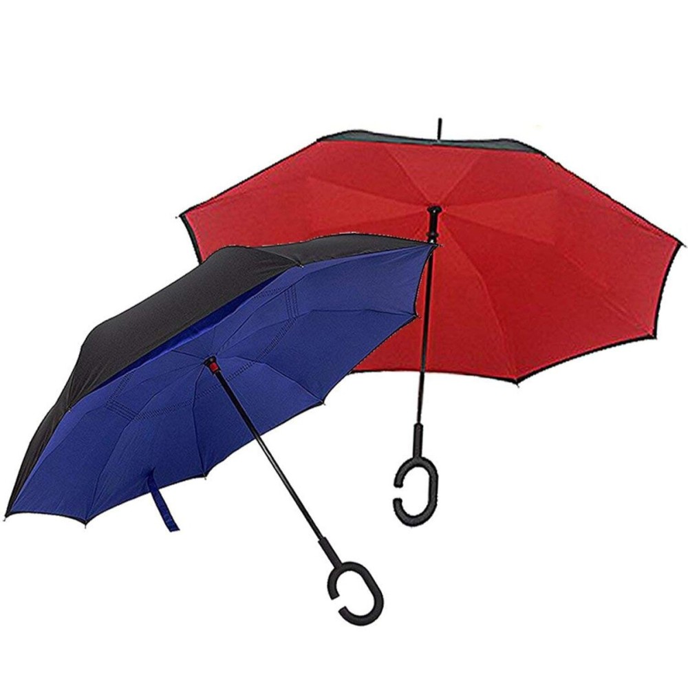 We pay your sales tax [Set of 2] Inverted Umbrella Windproof Reverse Double Layer Umbrella with C-Shaped Hands Red & Blue B11845-2