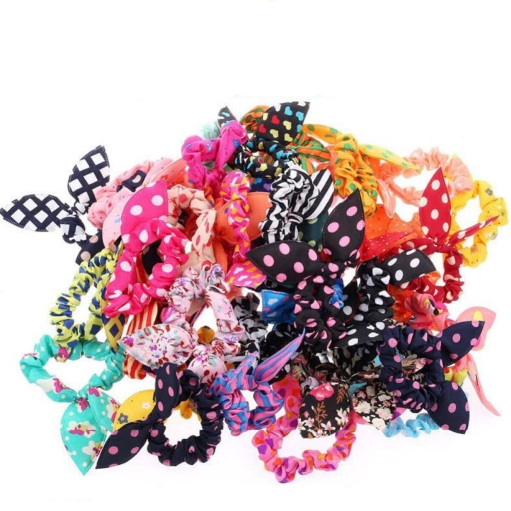 AKOAK 20 Pcs Per Pack Lovely Baby Girl\'s Rabbit Ear Hair Tie Bands Polka Dot Leopard Trip Ponytail Holder