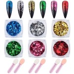 MEILINDS Nail Art Foil Flakes Glitter Holographic Nail Flake Sequins Broken Glass Effect Shining Gold Nail Foil Glitters Powder Nail Art Decoration 6 Colors/Set