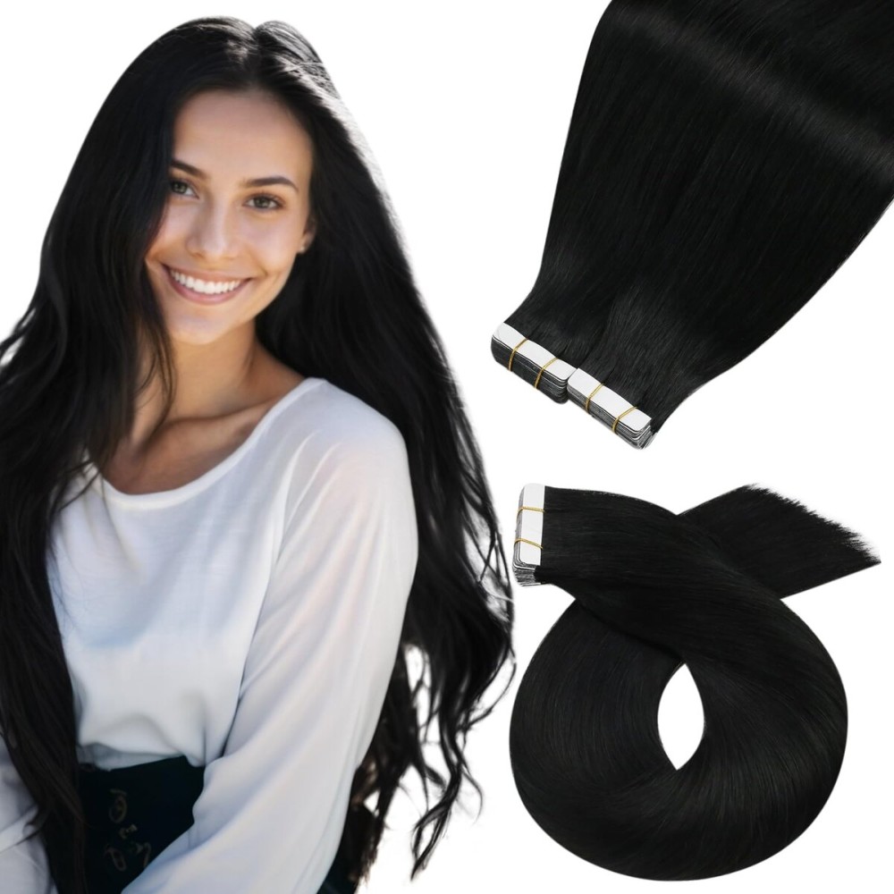 Moresoo Tape in Hair Extensions Human Hair 1 Jet Black Hair Tape in Human Hair Extensions Invisible Glue in Extensions Real Hair Straight 40 Pieces 100g 16 Inch