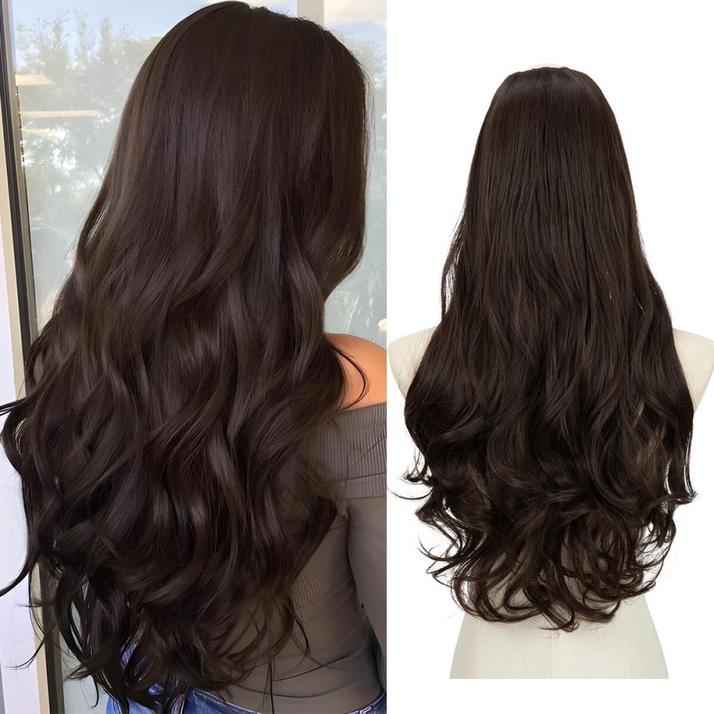 SARLA Clip in U Part Hair Extensions Dark Brown Synthetic Long Wavy Curly Thick Full Head Hairpiece for Women 24 Inch SARLA Clip in U Part Hair Extensions Dark Brown Synthetic Long Wavy Curly Thick Full Head Hairpiece for Women 24 Inch