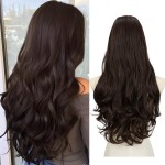 SARLA Clip in U Part Hair Extensions Dark Brown Synthetic Long Wavy Curly Thick Full Head Hairpiece for Women 24 Inch
