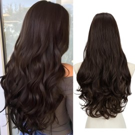SARLA Clip in U Part Hair Extensions Dark Brown Synthetic Long Wavy Curly Thick Full Head Hairpiece for Women 24 Inch