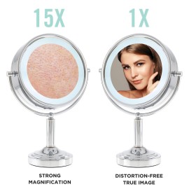 Danielle Creations Professional-Grade Double-Sided L.E.D. Vanity Mirror with Strong 15X Magnification, 360-Degree Rotation, Ultra-Vue Distortion-Free True Image Reflection, Silver Chrome Finish Danielle Creations Professional-Grade Double-Sided L.E.D. Vanity Mirror with Strong 15X Magnification, 360-Degree Rotation, Ultra-Vue Distortion-Free True Image Reflection, Silver Chrome Finish