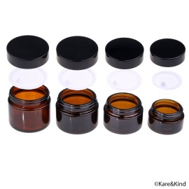 Kare & Kind Refillable Cosmetics Jars Kit - 4x Cosmetics Jars (Amber Glass), 4x Lids, 4x Inner Covers, 39x Labels + 4x Mini Spatula for Easy Filling - For Creams, Essential Oils, Powders, etc.