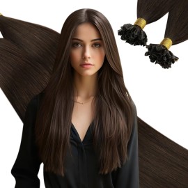 Ugeat Brown Utip Hair Extensions Human Hair Waist Length 24 Inch K Tip Extensions Chocolate Brown Hot Fusion Extentions Long Straight to Add Length for Travel 50G 50s