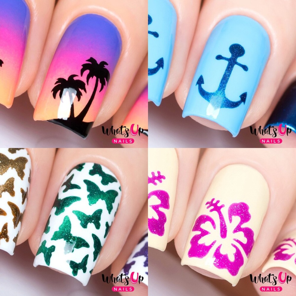 Whats Up Nails - Nail Vinyl Stencils Variety Pack 4pcs (Anchor, Palm, Hibiscus, Butterflies) for Nail Art Design Whats Up Nails - Nail Vinyl Stencils Variety Pack 4pcs (Anchor, Palm, Hibiscus, Butterflies) for Nail Art Design