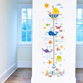 Wland 22 inches x 67 inches Undersea Fish Whale Octopus Crab Growth Chart Removable Vinyl Wall Decals Stickers for Children Room Nursery