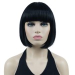 Lydell 8 Straight Short Bob Hair Flat Bangs Cute Central Dot Skin Top Heat Resistant Synthetic Wigs (Black)