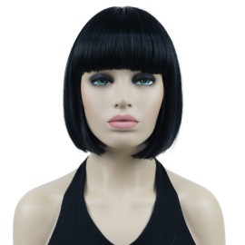 Lydell 8 Straight Short Bob Hair Flat Bangs Cute Central Dot Skin Top Heat Resistant Synthetic Wigs (Black)