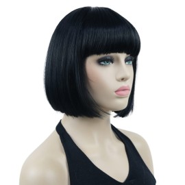 Lydell 8 Straight Short Bob Hair Flat Bangs Cute Central Dot Skin Top Heat Resistant Synthetic Wigs (Black)