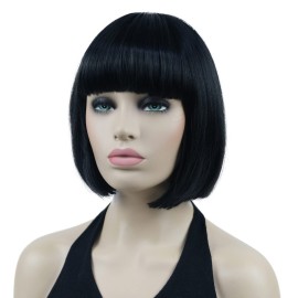 Lydell 8 Straight Short Bob Hair Flat Bangs Cute Central Dot Skin Top Heat Resistant Synthetic Wigs (Black)