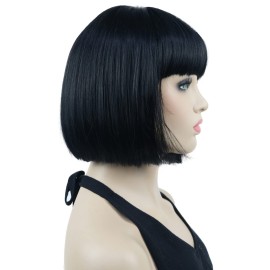 Lydell 8 Straight Short Bob Hair Flat Bangs Cute Central Dot Skin Top Heat Resistant Synthetic Wigs (Black)