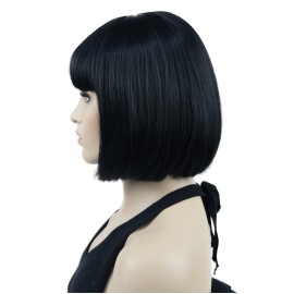 Lydell 8 Straight Short Bob Hair Flat Bangs Cute Central Dot Skin Top Heat Resistant Synthetic Wigs (Black)