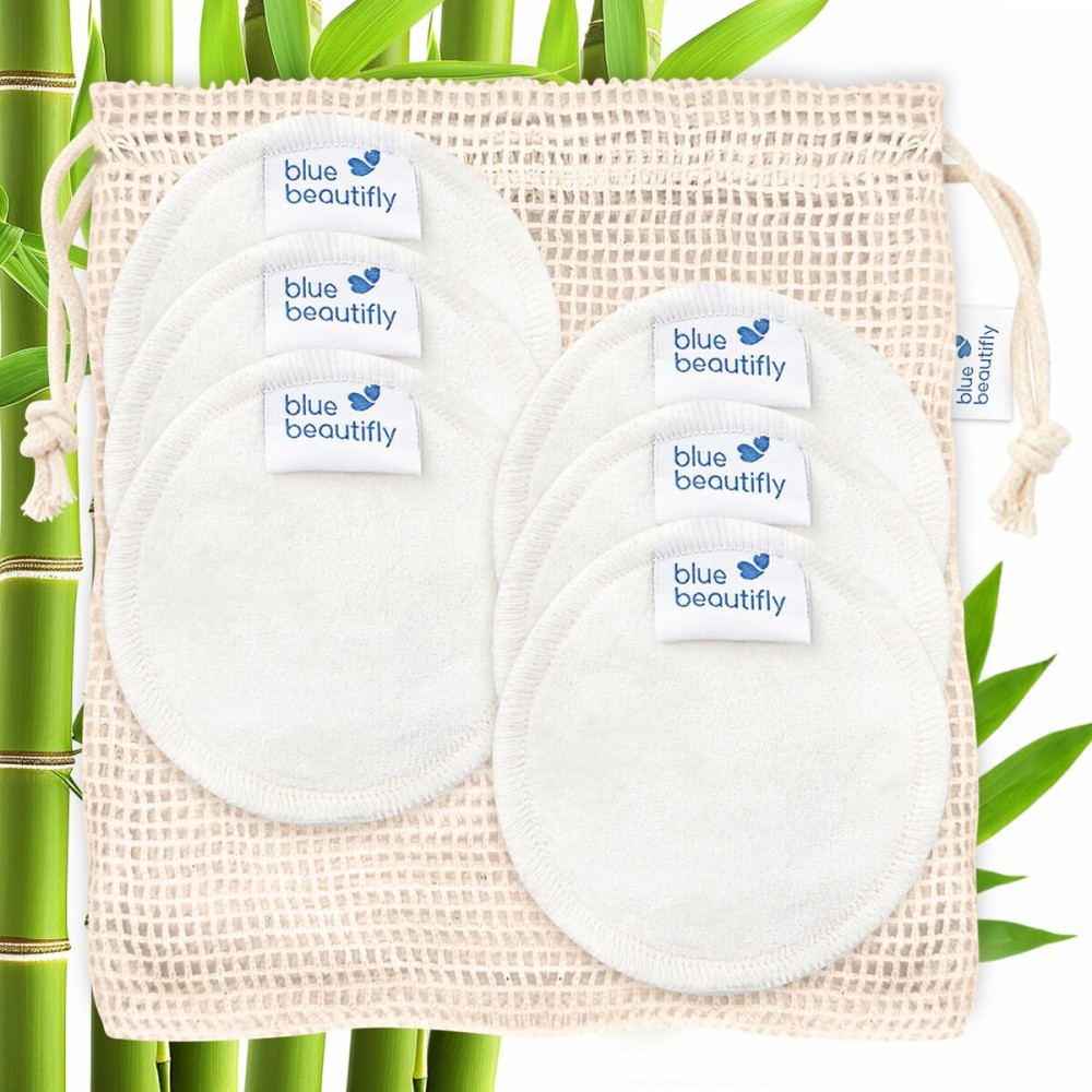 Blue Beautifly Eco-Friendly Bamboo Face Pads with Cotton Washable Bag - Natural Soft Bamboo Fabric Cleanses Skin and Detoxifies Pores - Environmentally Sustainable - Use-Wash-Dry-Reuse - Pack of 6
