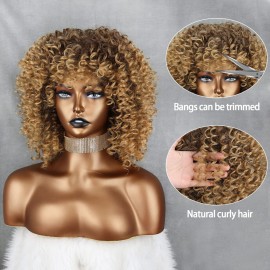 Xinran 14 inch Blonde Curly Wigs 70s, Kinky Brown Mixd Blonde Afro Wigs for Black Women, Synthetic Afro Curly Blonde Wigs for Women (Brown to Blonde)