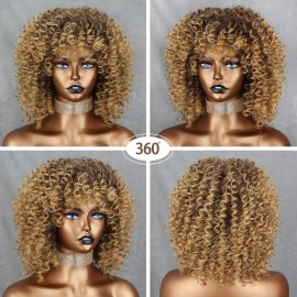 Xinran 14 inch Blonde Curly Wigs 70s, Kinky Brown Mixd Blonde Afro Wigs for Black Women, Synthetic Afro Curly Blonde Wigs for Women (Brown to Blonde)