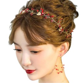 Missgrace Crystal Red Leaf Hair Vine, Earrings, and Headband for Vintage Wedding, Birthday, Party, Halloween - Women\'s Hair Jewelry