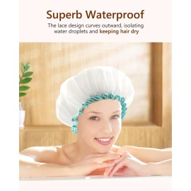 mikimini Shower Cap for Women and Girls,Reusable,Waterproof, Washable, Cute and Soft,White