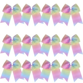 8 Inch Cheerleader Bows Ponytail Holder Solid Color Cheerleading Bows Hair Tie (Light Rainbow)