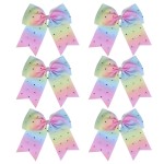 8 Inch Jumbo Cheerleader Bows with Bling Fling Rhinestones Ponytail Holder Cheerleading Bows Hair Tie College (Light Rainbow)