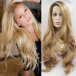 xiweiya Long Natural Wave Ombre Brown Blonde Synthetic Lace Front Wigs with Brown Roots 2 Tones Side Part Wig Heat Resistant Fiber Hair Wigs For Women Replacement Everyday Wigs 24(Blonde)