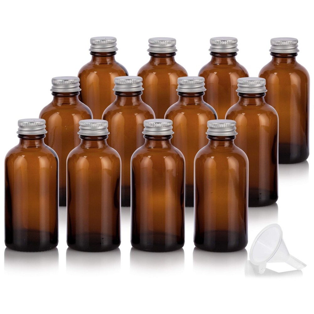 4 oz Amber Glass Boston Round Bottles with Silver Metal Screw On Caps (12 Pack) + Funnel Refillable Empty Storage Containers 4 oz Amber Glass Boston Round Bottles with Silver Metal Screw On Caps (12 Pack) + Funnel Refillable Empty Storage Containers