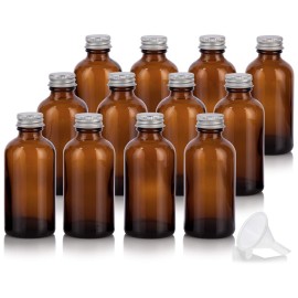 4 oz Amber Glass Boston Round Bottles with Silver Metal Screw On Caps (12 Pack) + Funnel Refillable Empty Storage Containers
