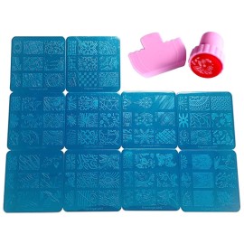 FingeAngel 10PCS Nail Plates +1 Nail Stamper + 1 Nail Scraper Nail Art Image Stamp Stamping Plates Manicure Template Nail Art Tools (A1-10)