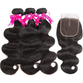 Beauty Princess Body Wave Human Hair 3 Bundles with Closure Double Weft 10A Brazilian Hair Bundles With Closure(16/18/20+14 Inch, 3 Bundles with closure)