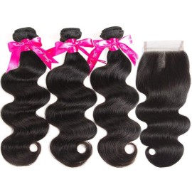 Beauty Princess Body Wave Human Hair 3 Bundles with Closure Double Weft 10A Brazilian Hair Bundles With Closure(16/18/20+14 Inch, 3 Bundles with closure)